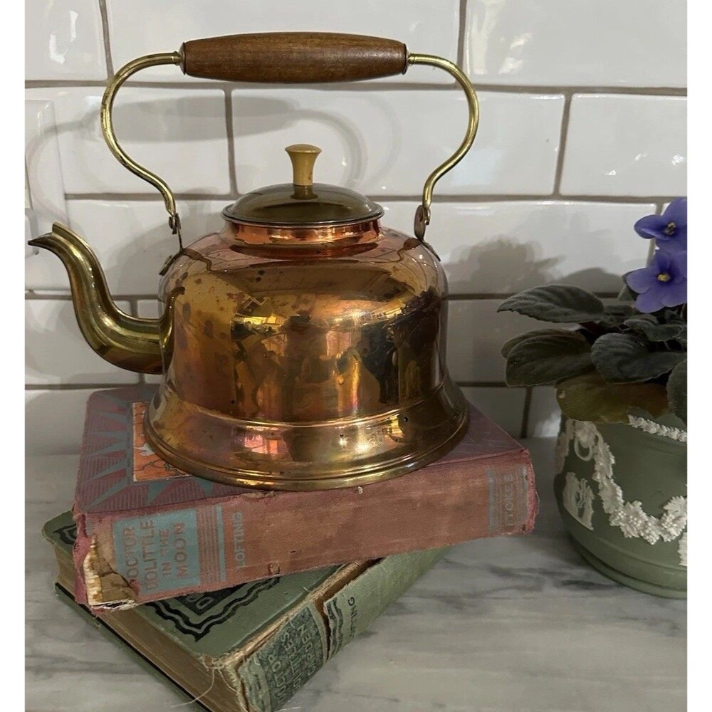 Vintage Midcentury Made in Holland Copper & Brass Plated  Teapot Tea Kettle 7.5"